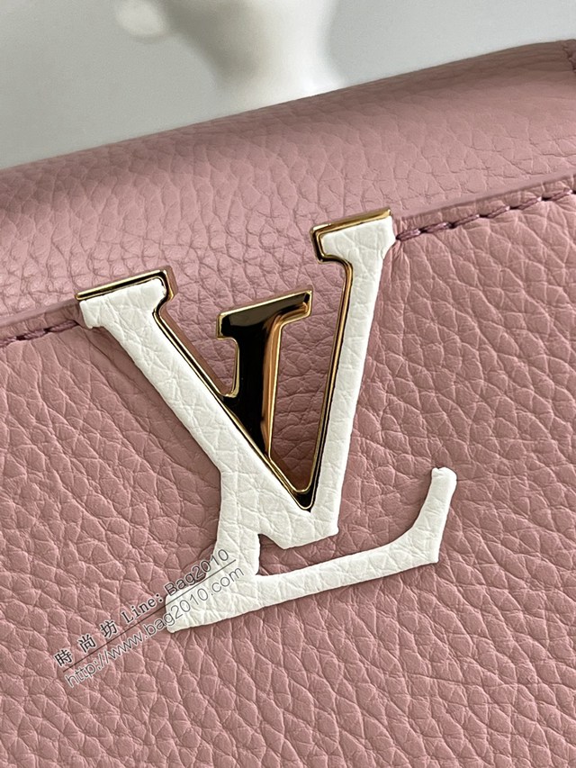 LV專櫃2023新款荔枝紋牛皮手提女包 M59061玫瑰粉 路易威登Capucines迷你手袋 dn1076